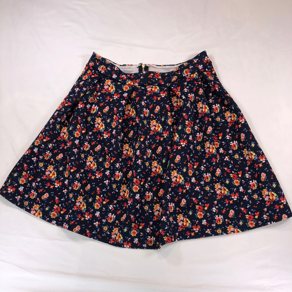 Navy Blue Floral Pleated Skater Mini Skirt with Back Zipper